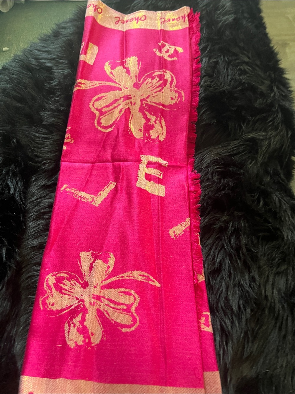 New Condition CHANEL Pink and Gold Floral Logo Silk Scarf Wrap